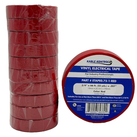 Kable Kontrol PVC Electrical Tape, 3/4'' Wide x 60' Long, Rated For 600V, RED ETAPE0.75-1-RED